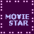 A static contact sheet of a pixel art buddy icon showing three identical frames with purple background, pink border dots, and light blue text reading "MOVIE STAR" in blocky font.