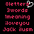Pixelated red text on black background with white heart symbol, displaying '8letters', '3words', '1meaning', 'iloveyou', and 'Jack ilusm' in two identical side-by-side