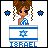 Pixel art contact sheet showing two frames of an animated buddy icon featuring a cartoon girl with brown braided hair, blue eyes, and silver earrings standing behind a box displaying the Israeli flag design with "ISRAEL" text below it.