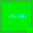 Green square with cyan text 'JALINA' and pink border; top-right has a small purple heart, bottom-right has a small pink star.