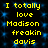 Yellow pixelated text on a black background with blue square patterns, repeating the phrase "I totally love Madison freakin davis" in two vertical