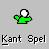 Pixelated green cartoon character with white circular head and black outline holding a small object, positioned above text reading "Kant Spel" on gray background.
