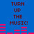 Blue background with dark red text reading "TURN UP THE MUSIC!" and pink audio equalizer bars in motion.