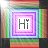 A pixelated icon with layered square borders in purple, pink, and blue hues surrounding a central white square containing the text 'Hi' with a small heart symbol above the 'i'.
