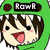Green cartoon character with brown hair, pink cheeks, and tongue out under 'RawR' text, next to a person in red plaid shirt and white shorts under 'SWaG' text, with 'MandyH' text over a nebula background.