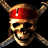 Pixelated skull wearing red bandana with white dot, crossed swords behind it on black background.