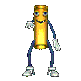 Animated golden cylindrical character with blue limbs and white gloves performs multiple poses against gray background.