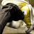 Pixelated image of a figure with dark hair and light skin holding a golden object against a gradient background.