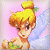 Pixelated cartoon icon of a female fairy character with blonde hair in a bun, green leaf accessory, and translucent blue wings against pink background.
