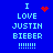 Blue background with light blue text reading "I LOVE JUSTIN BIEBER !!!!!!!" in four identical vertical , each with a red pixelated symbol above the text