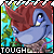 A cartoonish blue creature with a red horned head and green foliage background, labeled "TOUGH" in white text at the bottom.