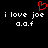 Black background with white pixelated text reading "i love joe a.a.f" and a red heart symbol above the right instance of the phrase.