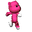 Pixelated pink bear with white paws and ears, shown in six sequential poses against a gray background.