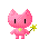Pixelated pink cat-like character with black eyes, holding a yellow star-tipped wand, standing against gray background with yellow sparkles.