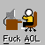 A 4x4 contact sheet of pixel art frames showing a stick figure at a desk with various computer screens and text bubbles, all labeled "Fuck AOL" below each frame.