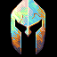 Pixelated spartan helmet with symmetrical color blocks in cyan, orange, green, and purple on black background.
