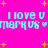 Bright pink background with yellow starbursts and repeated cyan text reading "I love u mark us" in two horizontal