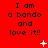 Red background with repeated black text "I am a bando and love it!!" in three , white pixelated stars scattered across the image