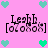 Pixelated text 'Leah' with bracketed symbols on pink background, surrounded by green and cyan hearts.