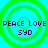 Four identical pixelated icons arranged in a , each with green concentric circles on cyan background and dark purple text reading "PEACE LOVE" above "SYD"