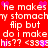 Red background with white pixelated text repeating 'he makes my stomach flip but do i make his?? <3<3' and pink heart symbols scattered throughout.