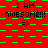 Red background with green pixelated squares, repeated text "I AM AWESOME!!! =]" in black font.