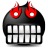 Pixelated static icon of a cartoonish black helmet with red glowing eyes and white teeth-like bars.