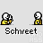 Animated sequence of pixelated yellow figures with white heads performing actions around a floating soccer ball, each frame labeled 'Schweet' below.