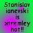 Green background with purple gradient overlay displays pixelated text reading "Stanislav Ianevski is xtremley hot!!" in four identical