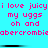 Pixelated text in pink on cyan background repeats 'i love juicy my uggs oh and abercrombie' across two with horizontal black bars between them