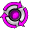 Six circular icons with pink arrows and purple centers arranged in a on gray background