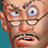 Pixelated close-up of a person's face with exaggerated facial features, wide eyes, and an open mouth showing teeth against a teal background.