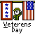 Pixel art image with a gray background showing a soldier figure between two flags and text reading 'Veterans Day' below.