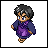 Pixel art character in purple and blue robe with dark hair, shown from multiple angles on gray background.