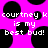 Pixelated text on a bright pink background with black circular shapes, repeating 'courtney k is my best bud!' in white block letters.