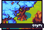 Pixel art scene with blue sky, green grass, brown tree trunk, and orange rock formation; white text 'SAYM' on black banner at bottom right.