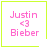 Four identical pixelated squares with green borders display pink text reading "Justin <3 Bieber"; two squares have small green symbols in the bottom-right corner.