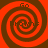Four identical red and brown spiral patterns arranged in a on an orange background, each containing partial text fragments