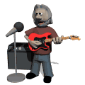 Animated contact sheet of a cartoon musician character playing guitar across 8 frames with microphone and amplifier in background.