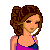 Pixel art contact sheet showing three frames of an animated character with brown curly hair wearing a purple crop top and black pants, accompanied by pink text reading "I Want Baby Back".