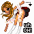 Pixel art contact sheet showing two frames of an animated character with long brown hair in a white outfit, displaying slight pose changes and text variations.