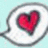 A split-screen image with a light blue background on the left showing a white speech bubble containing a red heart, and a red background on the right with pixelated text.