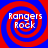 Four identical spiral patterns with red and blue concentric circles, each containing white text reading "Rangers Rock" in two lines.