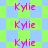 Pixelated pink text 'Kylie' repeated across a green and blue checkered background with alternating light and dark diamond patterns.