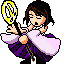 Pixel art of a character with dark hair holding a yellow and white circular object, wearing a purple and white outfit with a black and white collar, against a gray background.