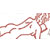 Pixelated abstract composition of interwoven red and brown lines on white background with scattered light blue and gray pixels.