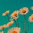 Pixelated image of multiple light-colored flowers with orange centers on a teal background, arranged in diagonal clusters.