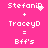Pixelated text on bright pink background shows two identical equations with 'StefaniD' and 'TraceyD' summing to 'Bff's', each equation's 'StefaniD' text having a small white pixel cluster near the 'D'