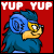 A 3x2 contact sheet of a blue cartoon yurble character with yellow eyes and nose, wearing large blue headphones, against a red background with "YUP YUP" text at the top of each frame.