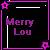 Pixelated static icon with purple and black color scheme featuring stylized text "Merry Lou" surrounded by pink flower-like shapes on a dark background.